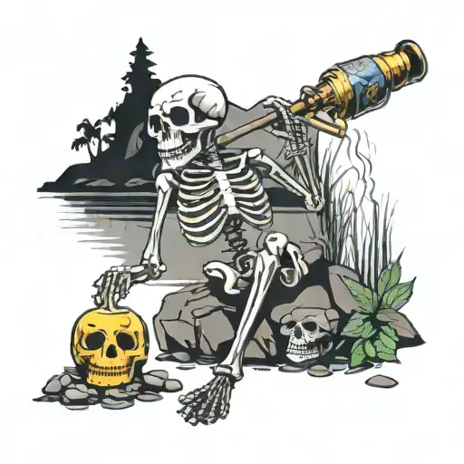 A Skeleton Sitting On A Rocky Riverside At Night Holding A Bong