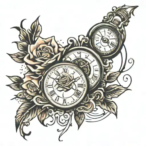 Tattoo And Rose With Clock