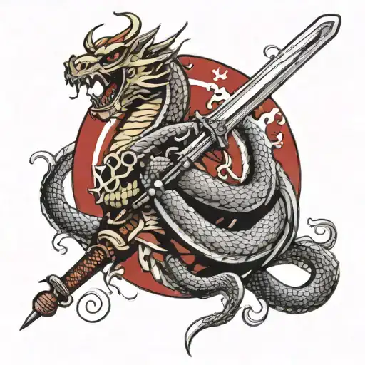 A Dragon Wrapped In A Circle Of A Katana Holding A Samurai In A Kabuki Mask