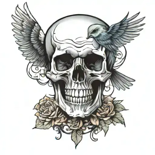 Skull And Bird Perched