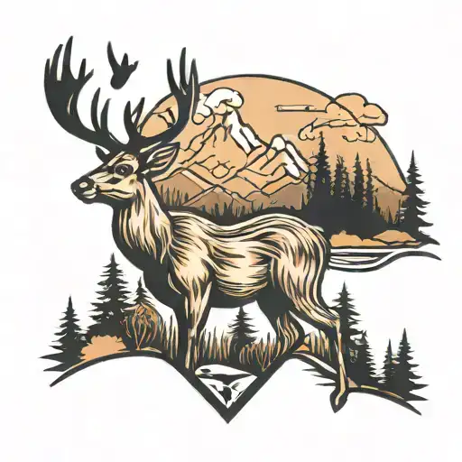 Deer With Trees And Mountains Across
