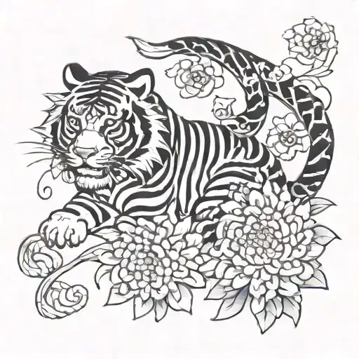 Japanese Style Tiger Walking Chrysanthemum And Snake