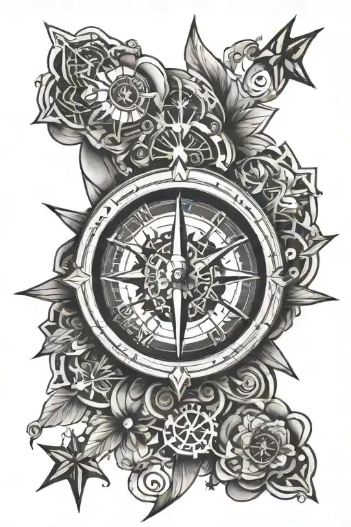 Compass Surrounded With Stars And Geometric Designs And A Clock Incorporated Into It