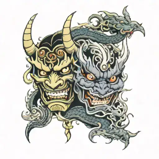 Two Hannya Masks Surrounded By A Ryu Dragon