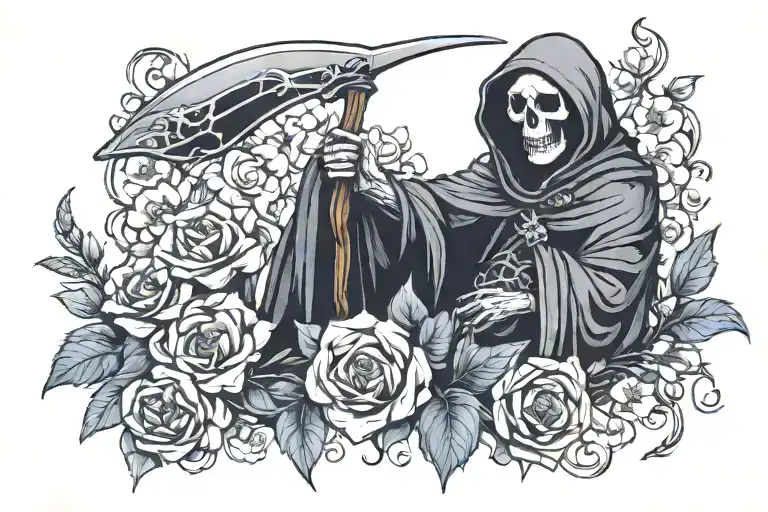 Grim Reaper And Flowers Blooming