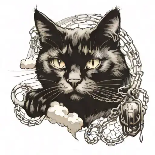 Smoky Black Cat Wrapped In Shadows And Chains And Clouds In The Backround Blackwork