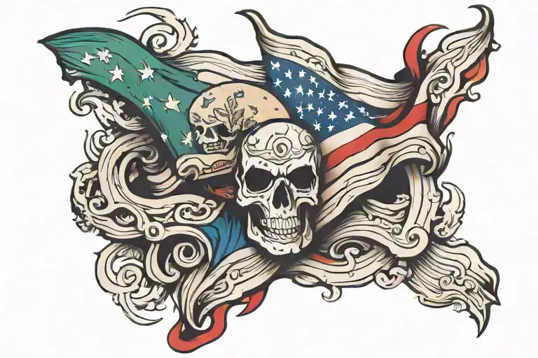 American Flag Ripped Interwined With Mexican Flag Waving