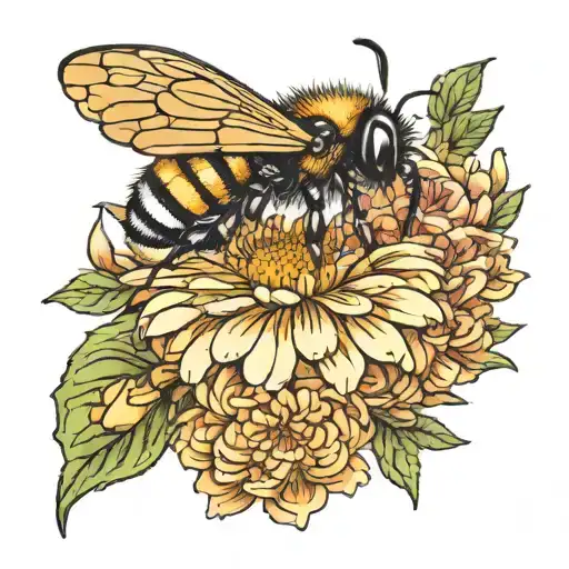 Marigold And Chrysanthemum With Bumble Bee