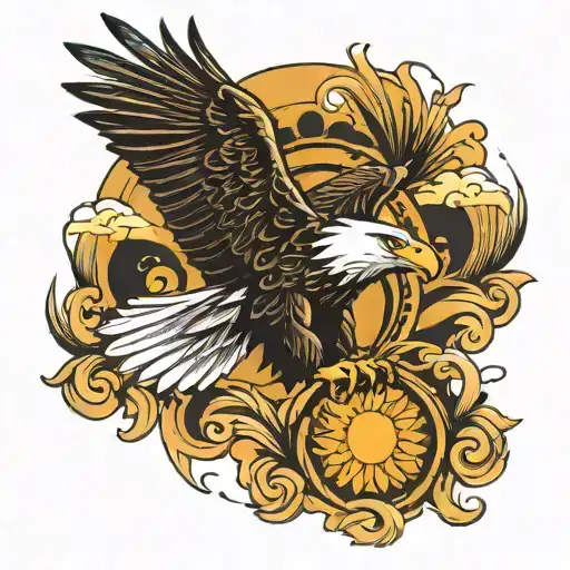 Bald Eagle Flying With Sunburst Surrounded