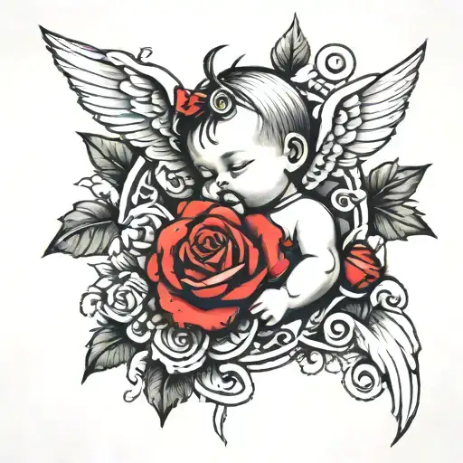 Red Ink Baby Angle With Roses