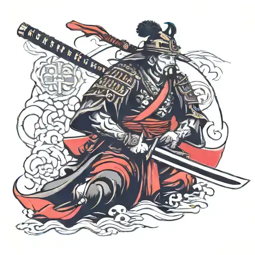 Samurai With A Machine Gun And A Katana In Black And Red Style