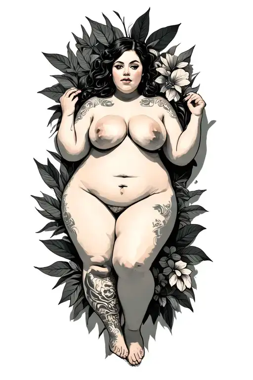 Nude Bbw Chubby White Girl Frontal Side Laying Pose In Foliage Black And Grey