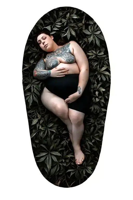 Nude Bbw Chubby White Girl Frontal Side Laying Pose In Foliage Black And Grey Hands And Feet Hidden