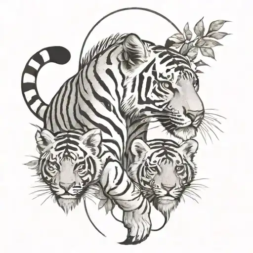 Tigress With Two Lion Cubs In Nature Full-length On A Hunt Black And White On A Girl's Forearm