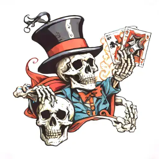 Skeleton With Magician Hat And Cards And Eight Ball