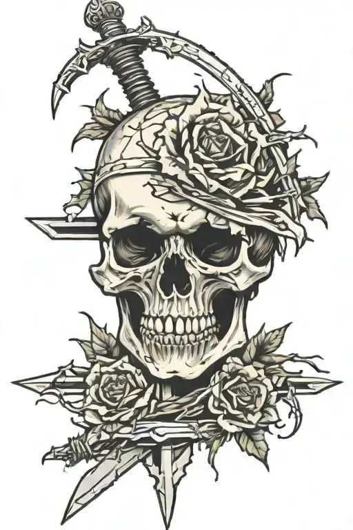 A Broken Skull With A Sword Wrapped Around With Thorns