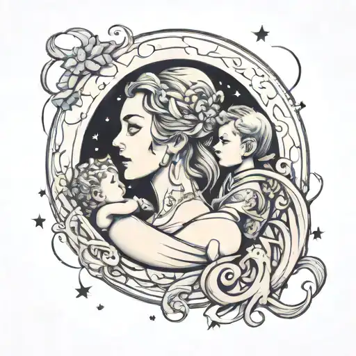 A Mother With 2 Girls And 2 Boys In A Crescent Moon With Stars And Infinity Sign