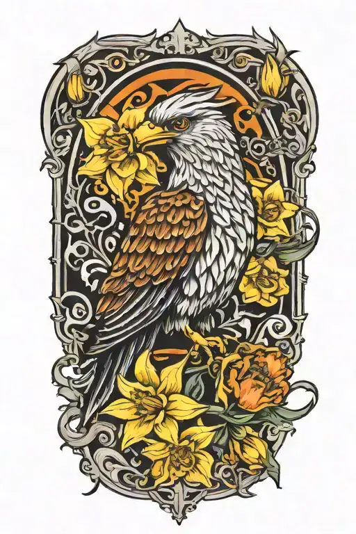 Flaming Hawk Surrounded By Daffodil