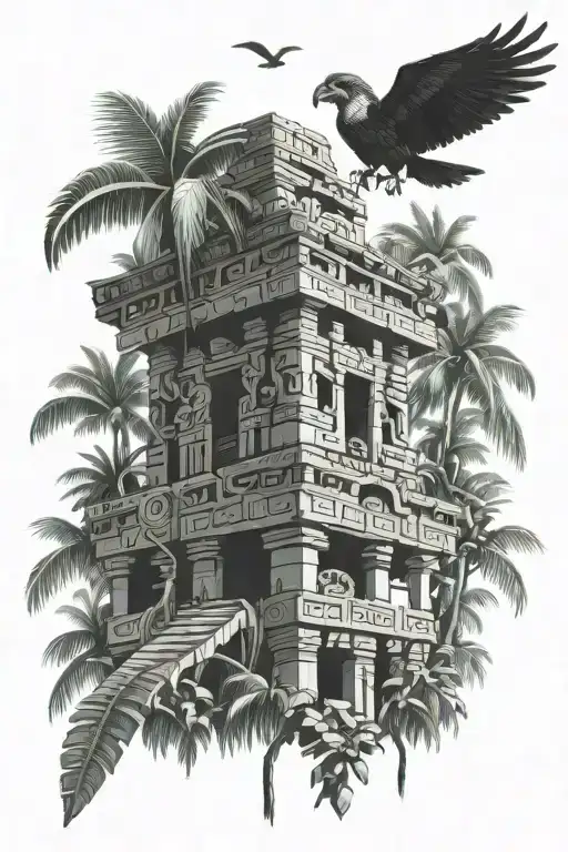 Mayan Temple In Banana Tree Forest With Quetzal Bird As The Man Show Peice