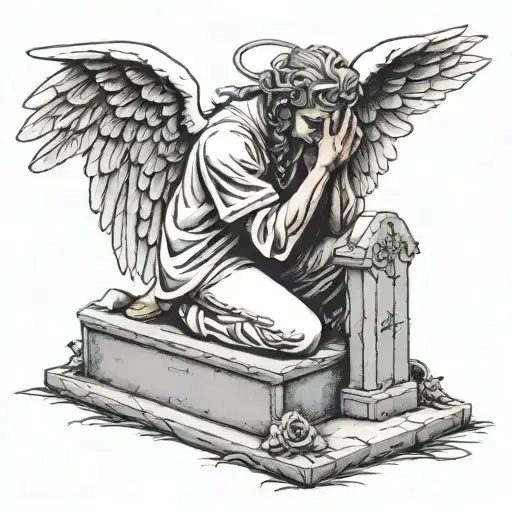 Angel Kneeling With Head Down Between 2 Headstones