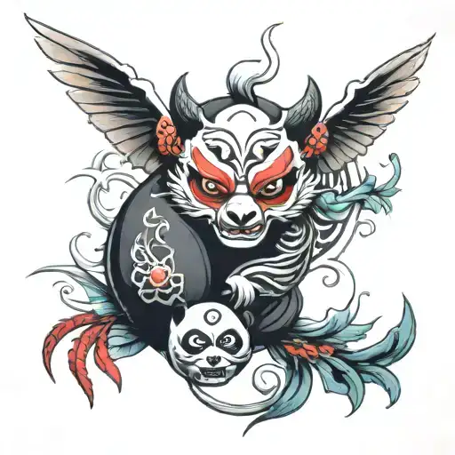 Tengu Mask And Panda Merged In An Yin Yang Symbol Intertwined