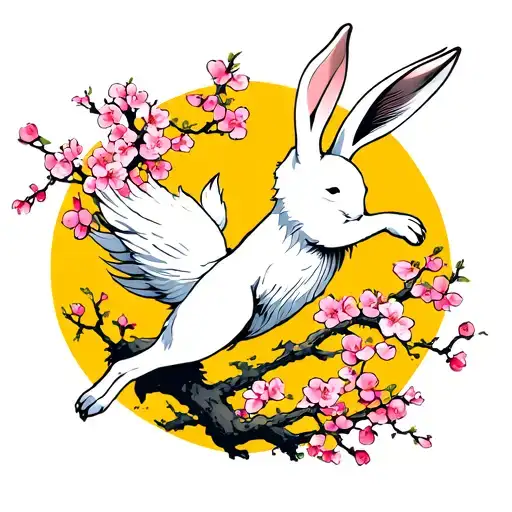 A White Hare Leaping With Cherry Blossoms And A Yellow Moon Behind It