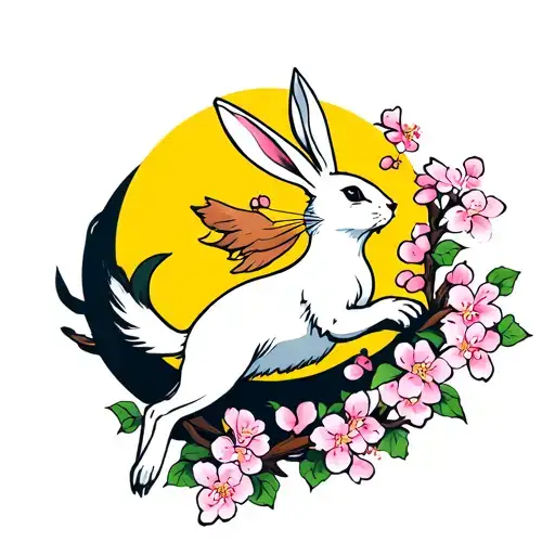 A White Hare Leaping With Cherry Blossoms And A Yellow Moon Behind It