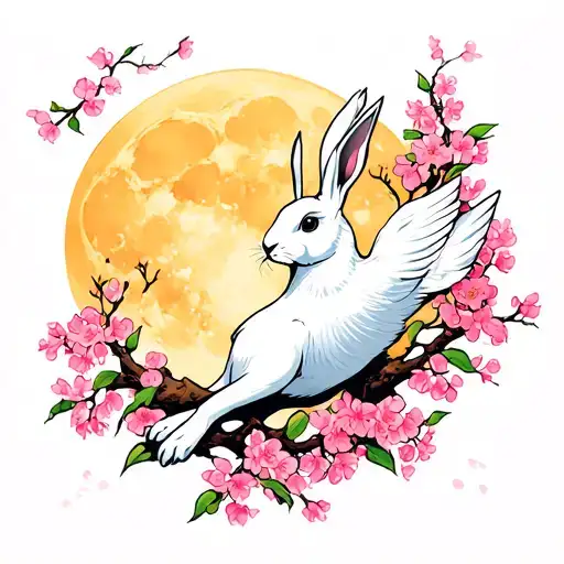 A White Hare Leaping With Pink Cherry Blossoms Surrounding It With A Yellow Moon Behind It