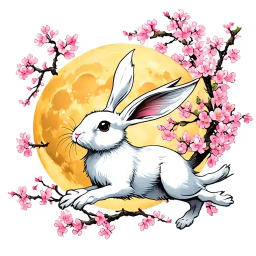 A White Hare Leaping With Pink Cherry Blossoms Surrounding It With A Yellow Moon Behind It