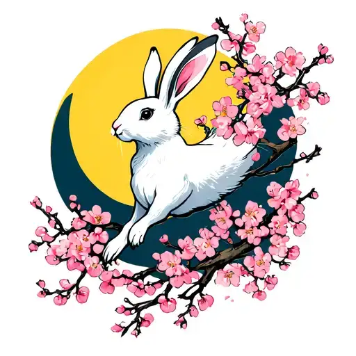 A White Hare Leaping With Pink Cherry Blossoms Surrounding It With A Yellow Moon Behind It