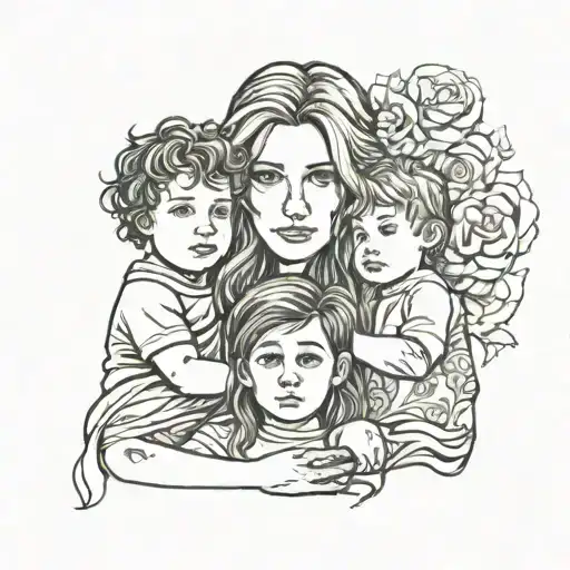 Mother With Long Hair With A 9 Year Old Boy And A 3 Year Old Boy