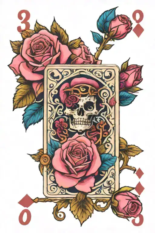 Three Playing Cards Vertically Arranged With A Blue Rose And A Pink Rose