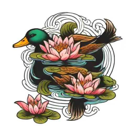 2 Ducks Are Swimming In A Lake With Water Lilies