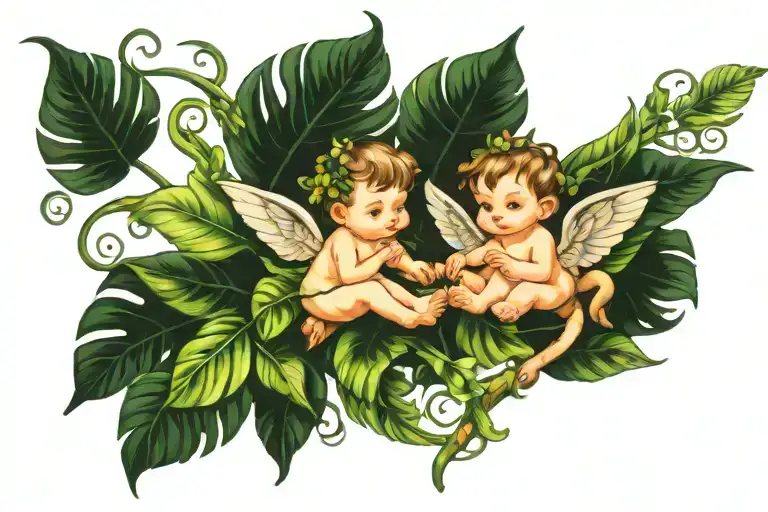 Cherub Fairies On Monstera Leaves Intertwined