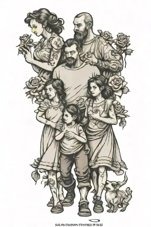 Father Protecting Three Daughters Walking Hand