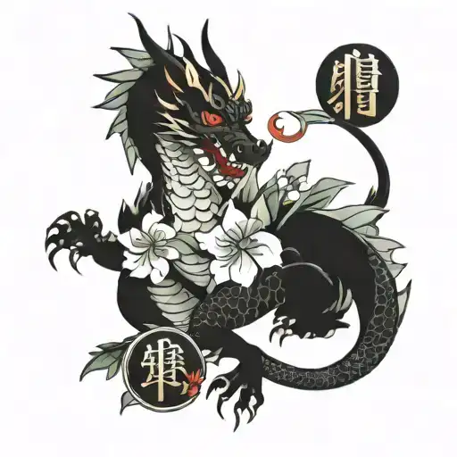Dragon With Japanese Phrase With Flowers