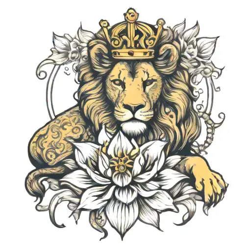 Lion With The Crown Inside Of A Lotus Flowers