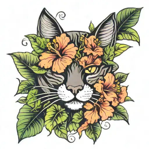 Hibiscus Flowers With Jungle Plants And The Eyes Of A Feline In The Dark