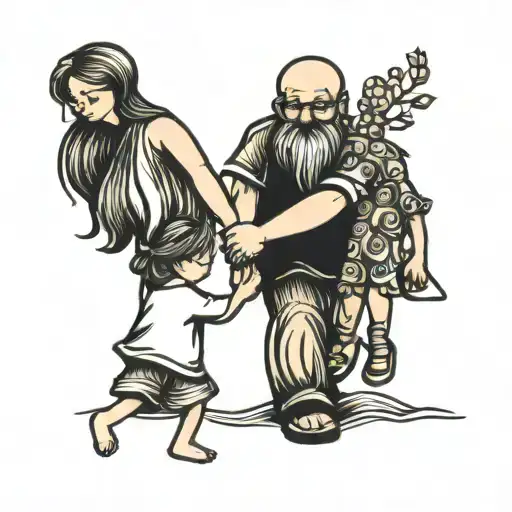 Stick Figure Father Holding Daughters Holding Hands