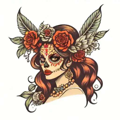 Day Of Dead Women Wearing A Flower Crown With Rose And Lily