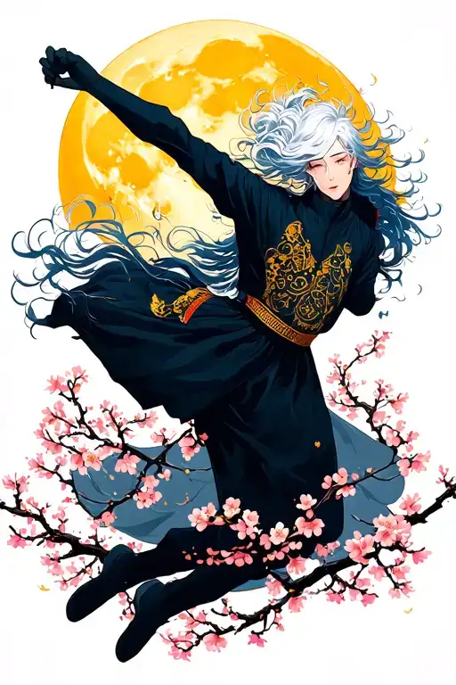 A White Hair Leaping With Cherry Blossoms Around It And A Yellow Full Moon Behind Its Head