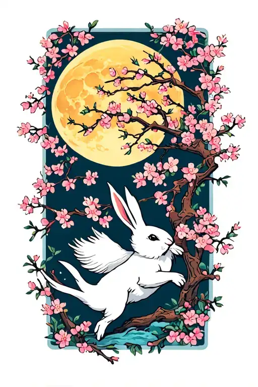 A White Hare Leaping With Cherry Blossoms Around It And A Yellow Full Moon Behind Its Head