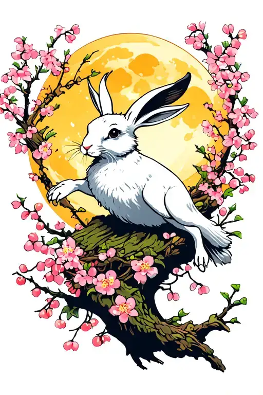 A White Hare Leaping With Cherry Blossoms Around It And A Yellow Full Moon Behind Its Head