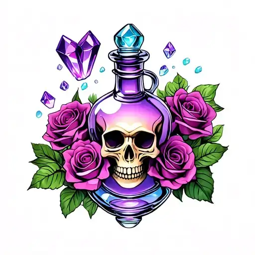 Skull Poison Bottle And Roses With Amthyst Crystals