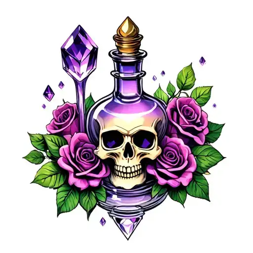 Skull Poison Bottle And Roses With Amthyst Crystals