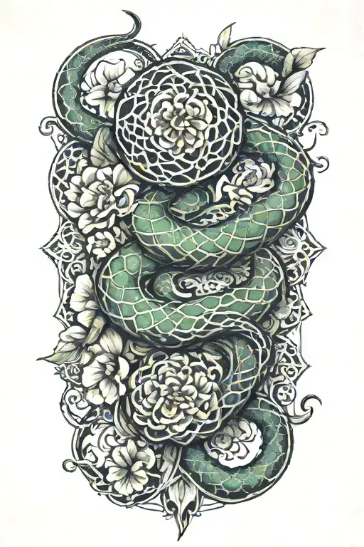 Realisticis Serpent Wrapping Fractals A Trail Of Fractal Blossoms On Thigh