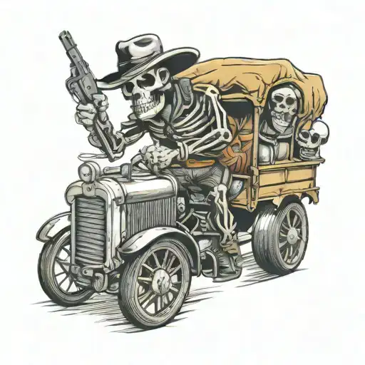 Skeleton Cowboy Driving A Lorry Truck