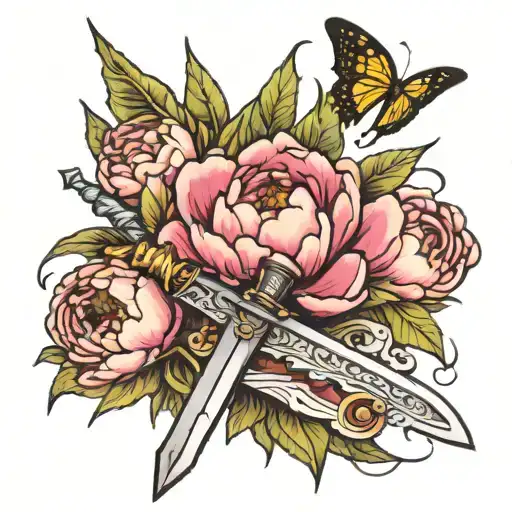 Peonies Growing Around A Sword With A Butterfly Resting On The Hilt Of The Blade