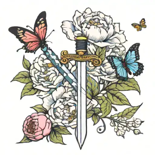 Peonies Growing Around A Sword With A Butterfly Flying