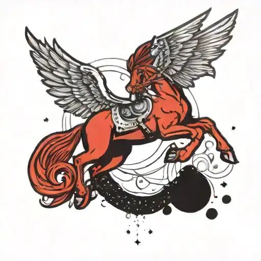 A Red Horse With Wings In Space Flies Past